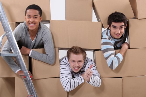 Packed office furniture and equipment ready for transport in Docklands