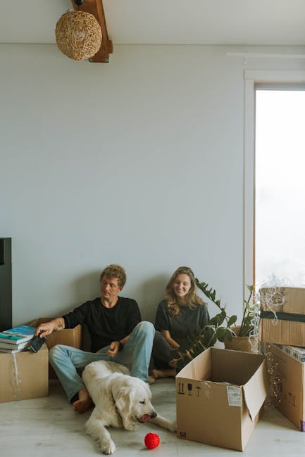Two women are standing inside a room surrounded by numerous packed cardboard moving boxes, some with red packing tape, indicating a home relocation process. One woman, with curly dark hair, is holding a large decorative vase with green plant foliage, while the other woman, with straight brown hair, is carrying a smaller box decorated with red and white tape. The room has a textured grey wall and wooden flooring, with a mix of natural and artificial lighting. Several boxes are stacked to either side and behind them, suggesting careful packing for a furniture transport or moving service. The scene captures the final stages of packing or loading in a house removal, with visible packaging materials and the women’s expressions indicating they are preparing for the next step in the move. This visual context aligns with themes of house removals, packing, and moving logistics, as handled by Removal Company Docklands, serving the Isle of Dogs area for efficient home relocation services.